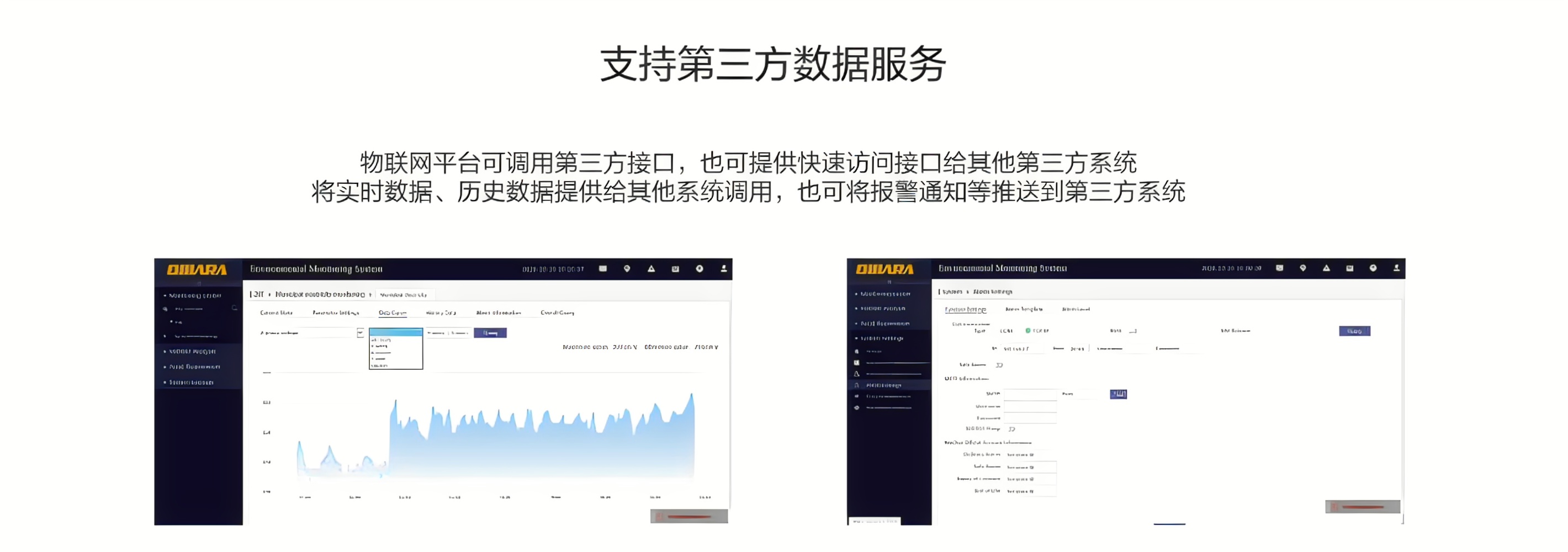 物联网平台可调用第三方接口，也可提供快速访问接口给其他第三方系统，将实时数据、历史数据提供给其他系统调用，也可将报警通知等推送到第三方系统