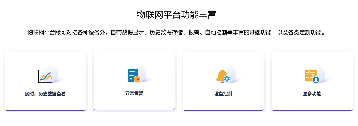物联网平台功能丰富，除可对接各种设备外，自带数据显示、历史数据存储、报警、自动控制等丰富的基础功能，以及各类定制功能。